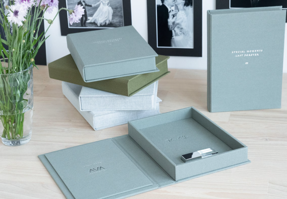 Boîte de rangement photos et USB, coffret mémoire beige