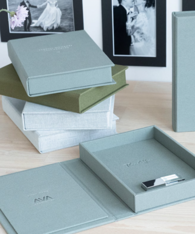 Boîte de rangement photos et USB, coffret mémoire beige