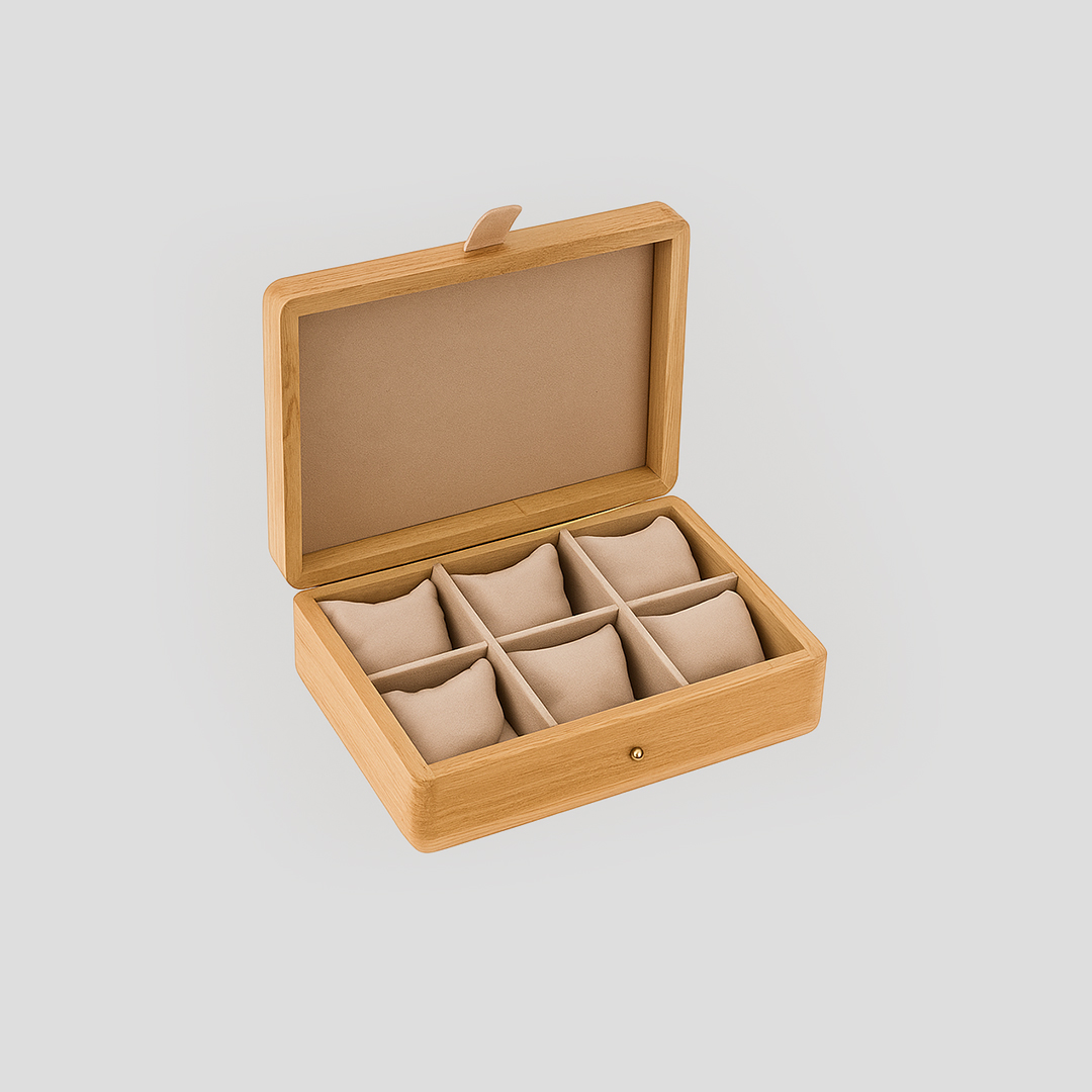 Coffret cadeau pour homme en bois élégant avec 6 compartiments pour montres, parfait pour ranger et protéger les montres, idéal comme cadeau raffiné.