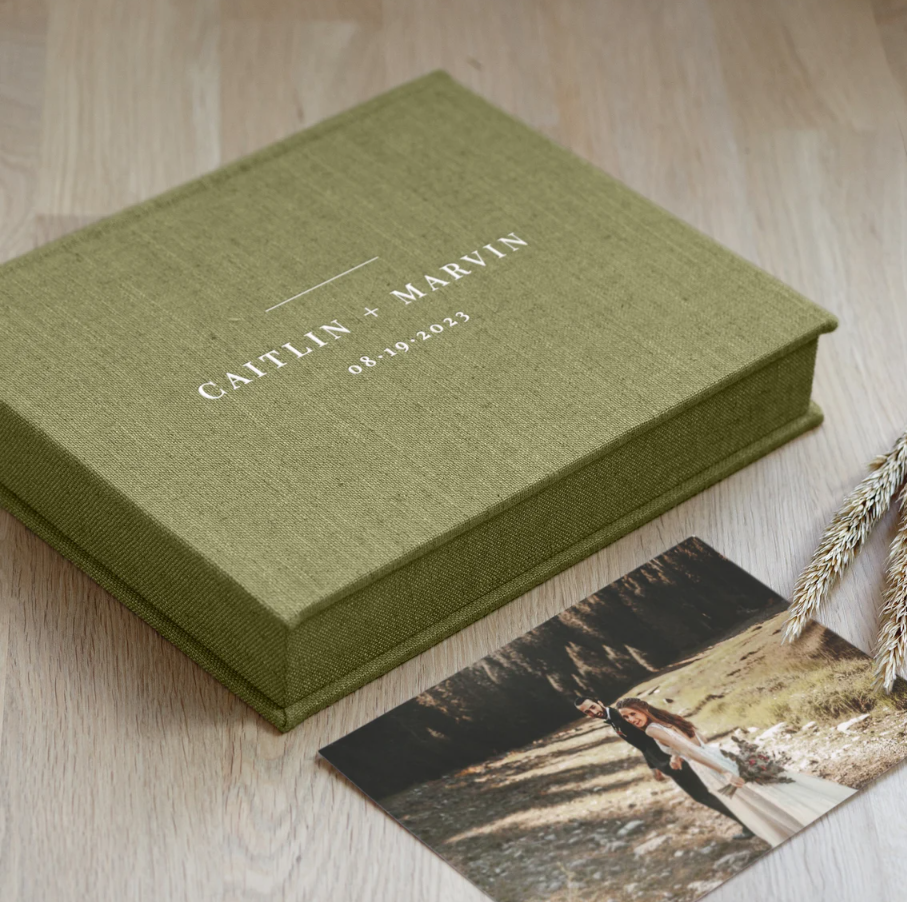 Boîte souvenir de mariage personnalisée en lin élégante