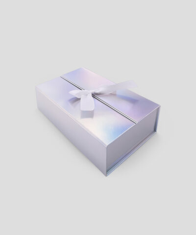 Coffret cadeau argenté avec couvercle et ruban blanc, idéal pour un présent holographique élégant et premium.
