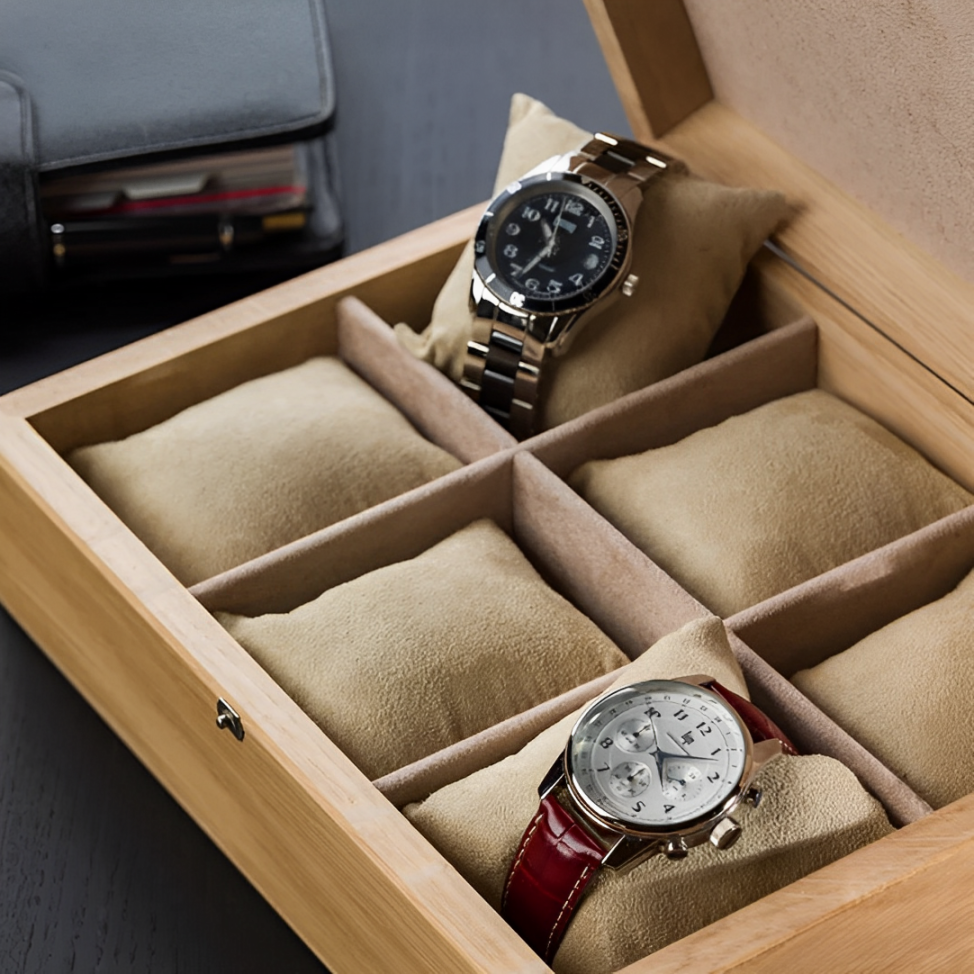 Coffret en bois personnalisable pour montres ou bijoux, idéal comme coffret cadeau Saint-Valentin, coffret cadeau Anniversaire ou coffret personnalisable pour Mariage.