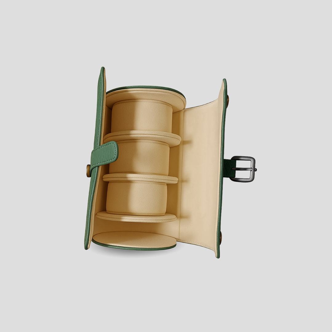 Fabricant de Boîtes à Montres avec rangement pour plusieurs montres Boîte montre de luxe en cuir vert avec rangement pour plusieurs montres, équipée d’un couvercle et écran de visualisation. 