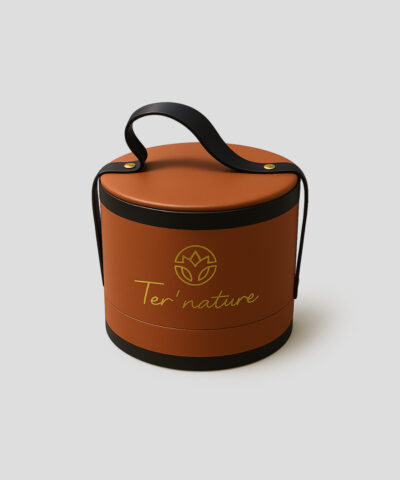 Coffret Cadeau Rond en Simili Cuir Marron avec poignée Pure Nature