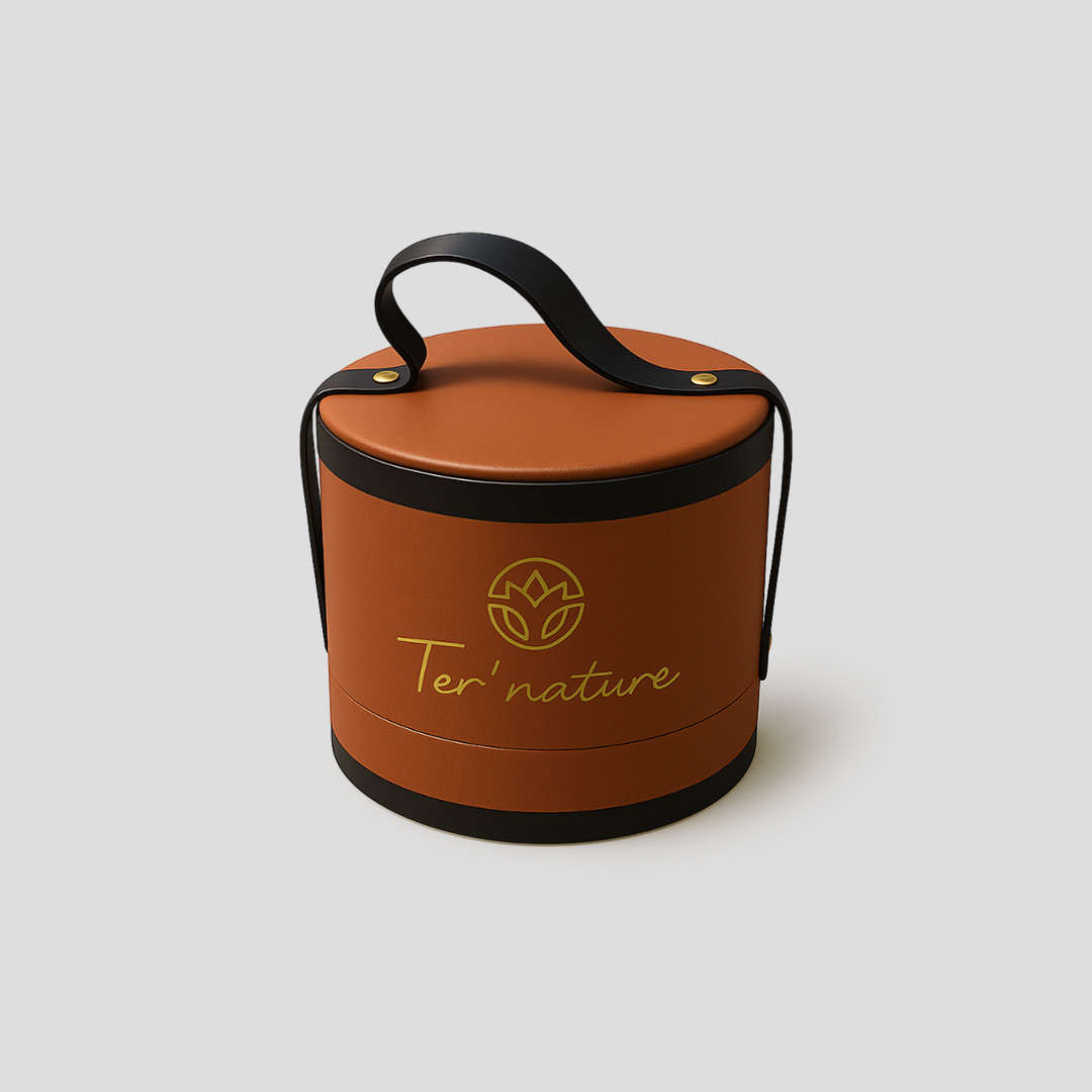 Coffret Cadeau Rond en Simili Cuir Marron avec poignée Pure Nature