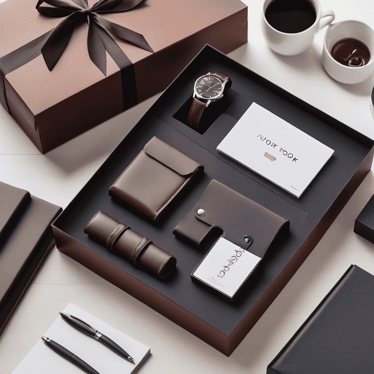 Photographie d'un coffret cadeau d'entreprise premium en matériaux durables (bois upcyclé) avec un smartphone scannant un tag NFC pour déclencher une expérience phygitale personnalisée.